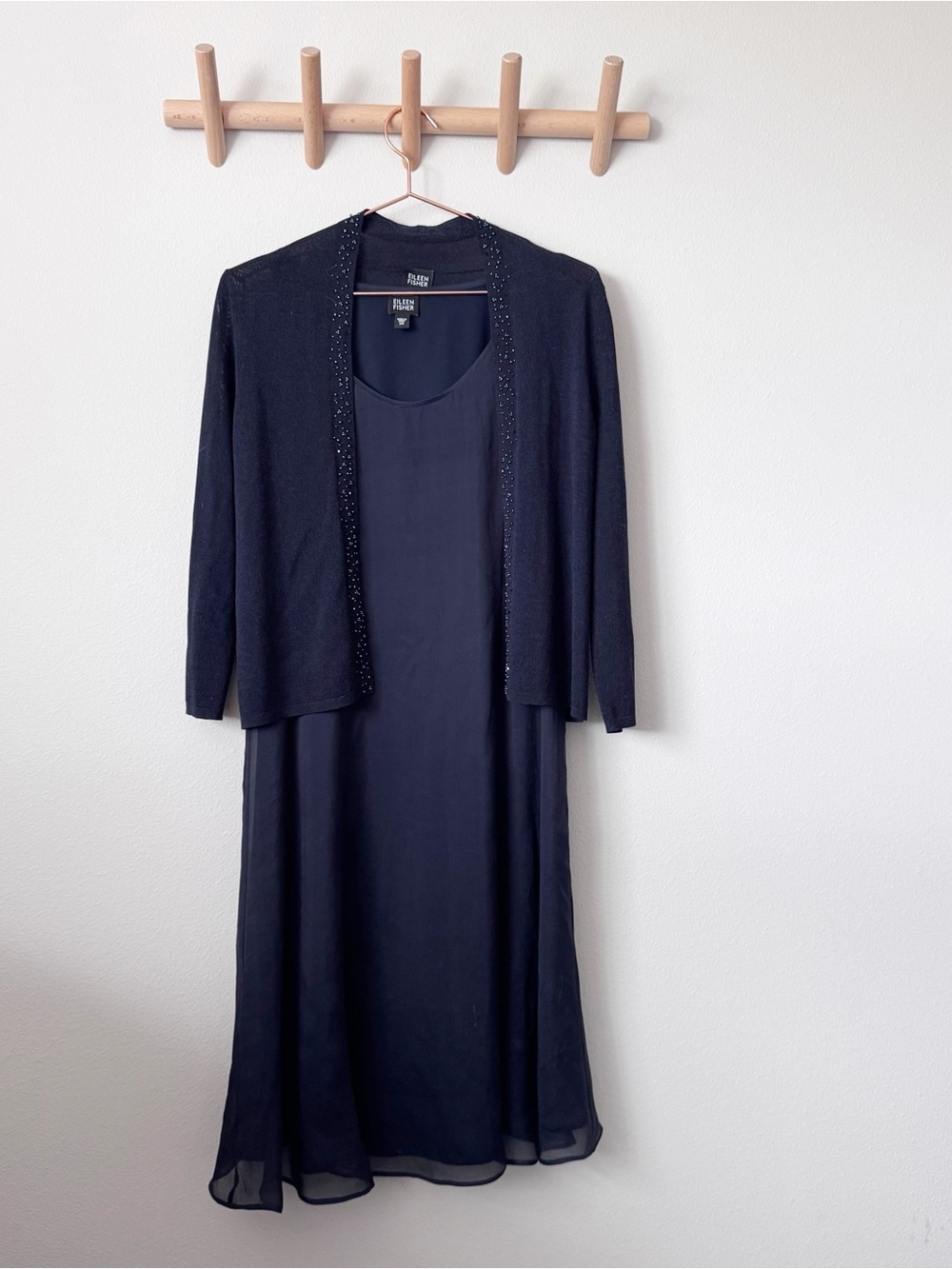 Eileen Fisher Navy Silk Midi Dress with Beaded Cardigan